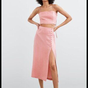 Brand New Zara Matching Set - Pink Polka Dot Top and Slit Skirt with Tags